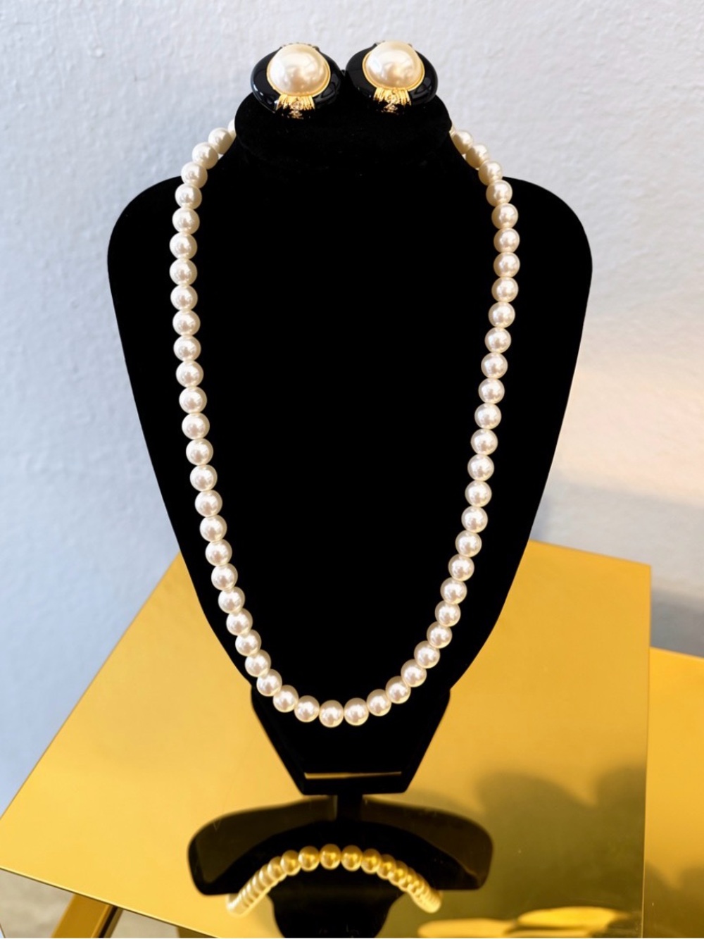 Vintage J.G. Hook Pearl Earrings Black Enamel Gold Tone + Faux Pearl Necklace